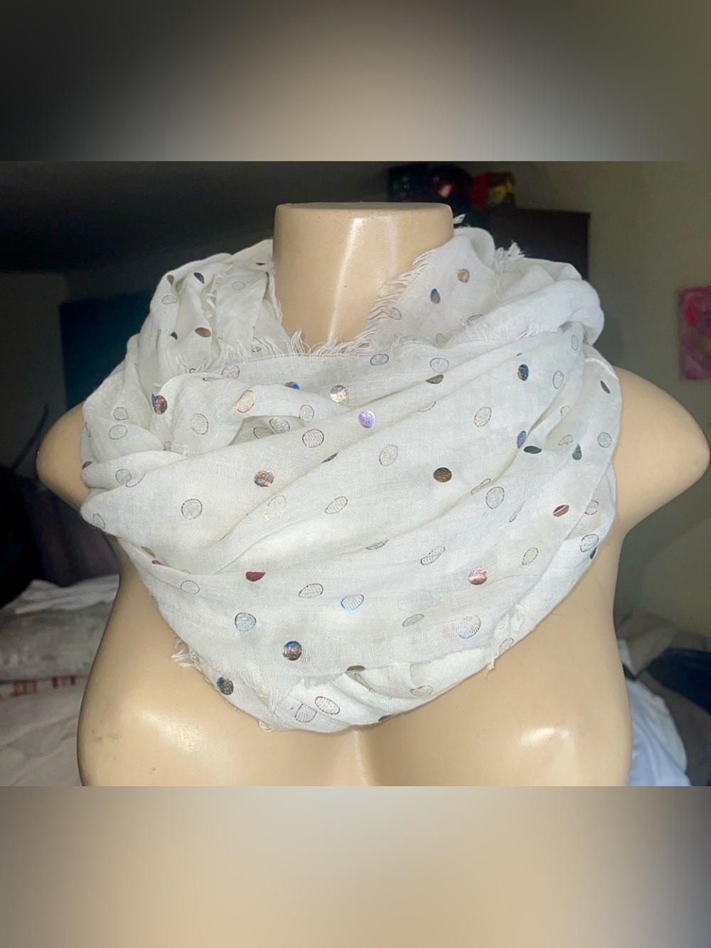 Nine West Ivory Infinity Scarf with Iridescent Metallic Polka Dots